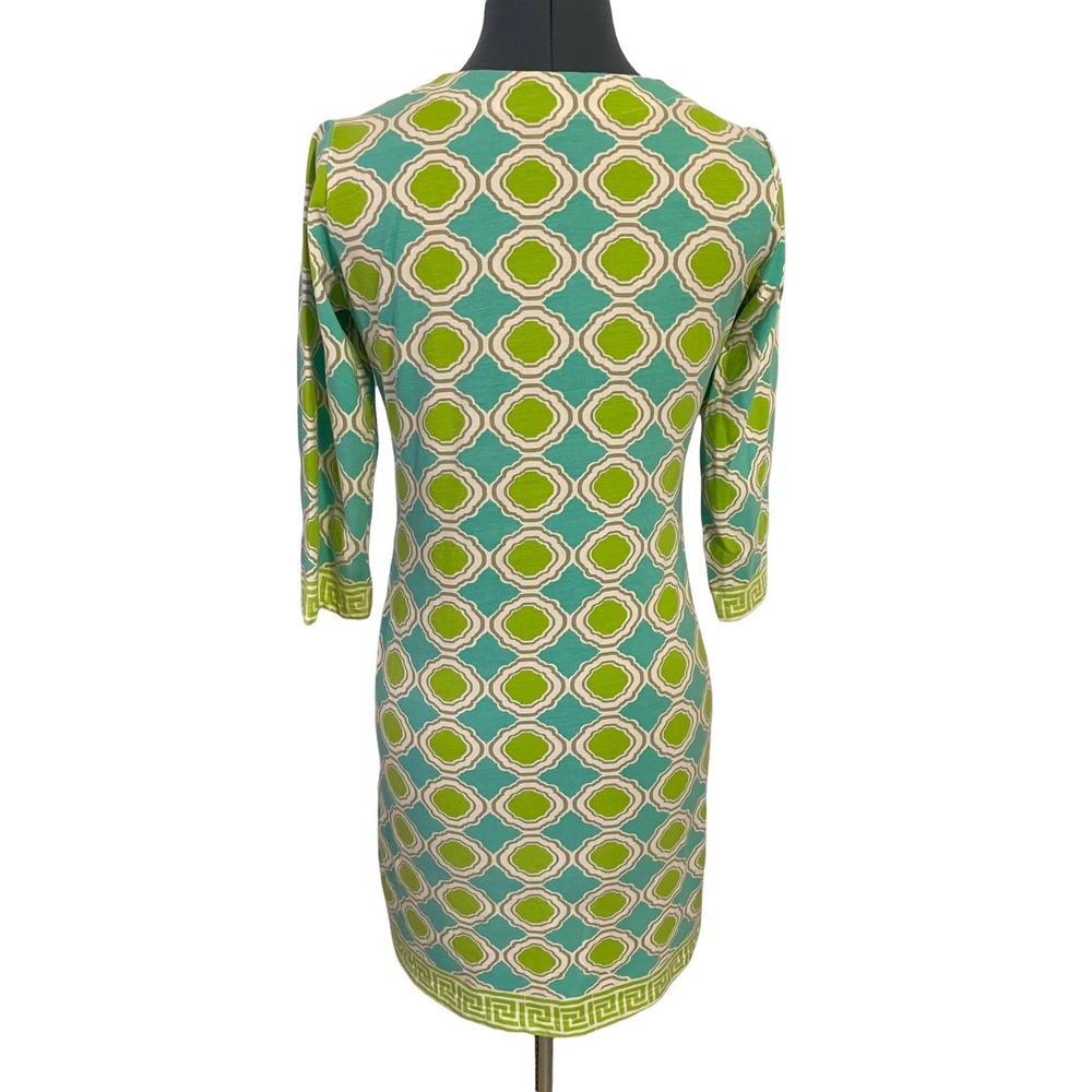 Barbara Gerwit Blue Green Geo Scroll  Print‎ V Neck Sheath Dress Resortwear XS - Picture 2 of 5